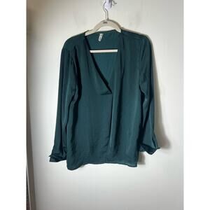 Glam Dark Green Long Sleeve V-Neck Top Sz L
